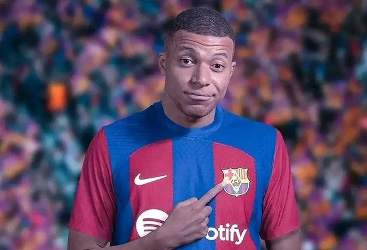 Ilustrasi Kylian Mbappe berseragam Barcelona