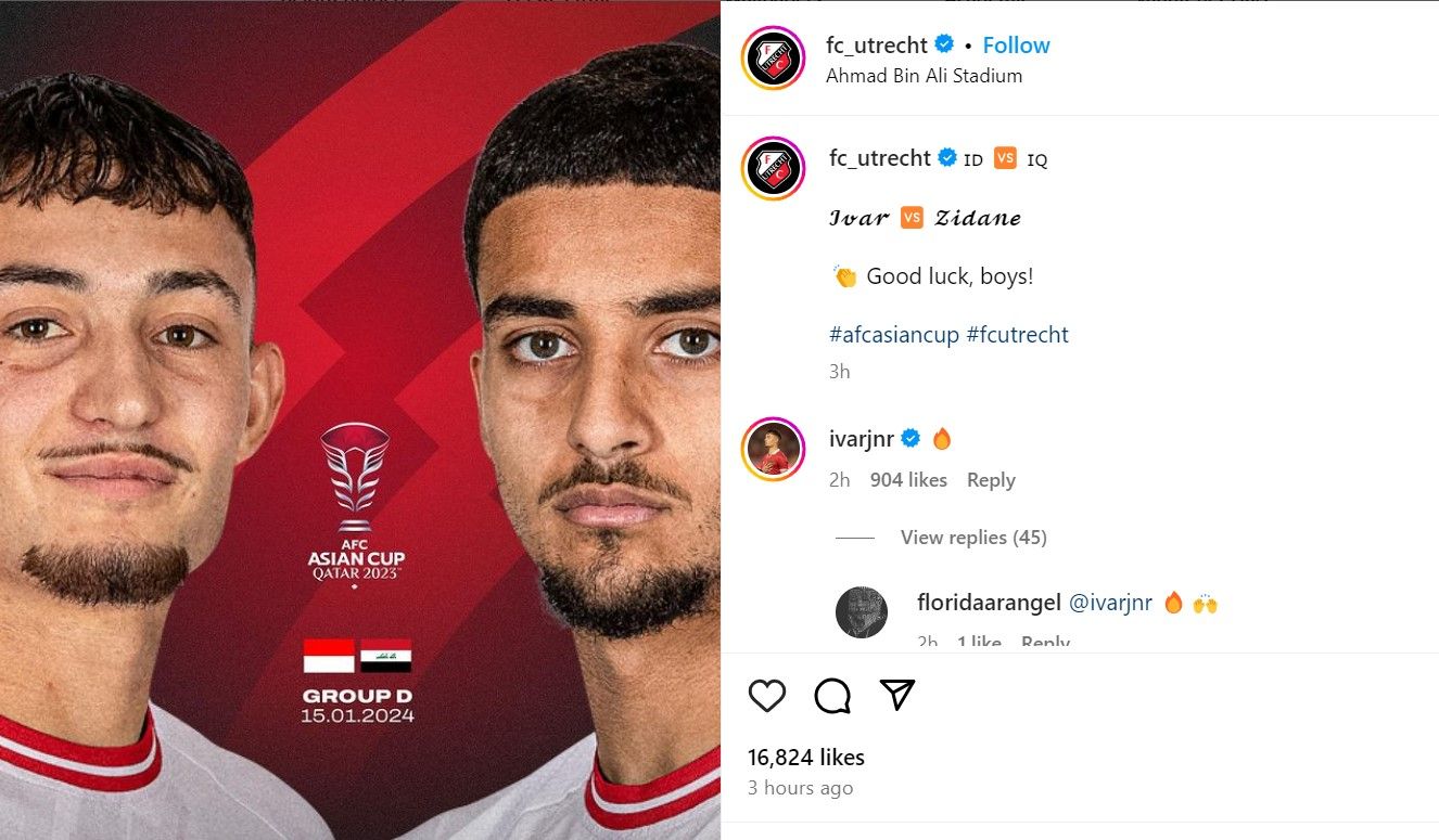 Unggahan instagram FC Utrecht memicu perdebatan suporter Timnas Indonesia dan Irak jelang duel di Piala Asia 2023/tangkapan layar IG FC Utrecht.