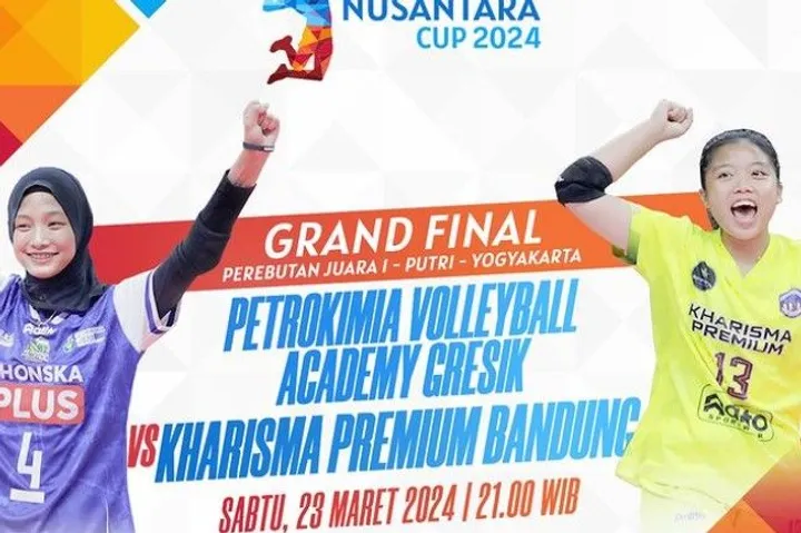 Petrokimia Volleyball Academy Gresik melawan Kharisma Premium Bandung di final Nusantara Cup 2024, Sabtu (23/3/2024).