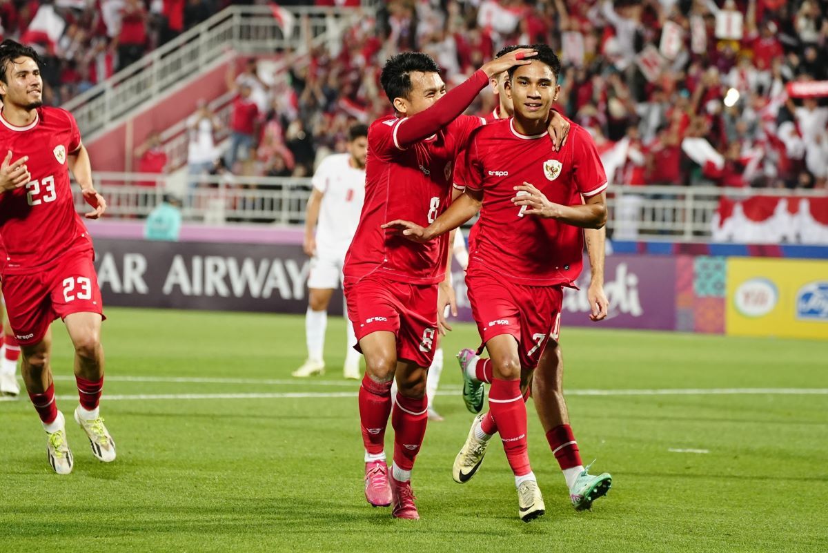 Marselino Ferdinan cetak brace ke gawang Yordania U-23 di laga terakhir Grup A Piala Asia U-23 2024, Minggu (21/4/2024) malam WIB/foto: PSSI.