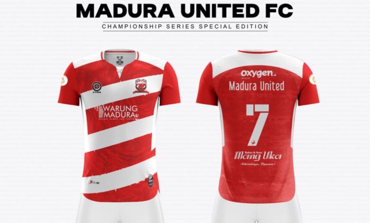 Sponsor Jersey Madura United untuk Championship Series Liga 1 2023/2024/foto: Twitter Madura United.