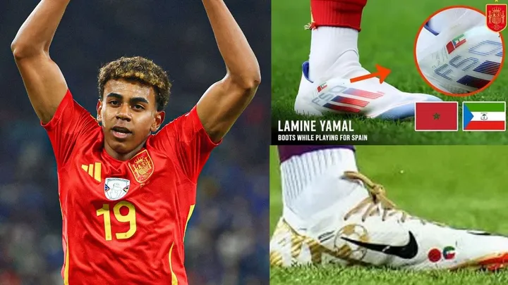 Lamine Yamal mengenakan sepatu bergambar tiga bendera negara sekaligus pada debutnya bersama Timnas Spanyol di Piala Eropa 2024/foto: Twitter Berita Sepakbola Dunia.