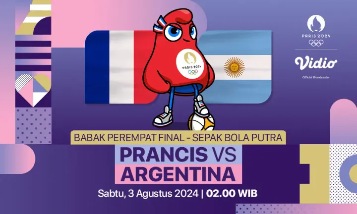 Prancis menghadapi Argentina di babak perempat final cabor sepakbola Olimpiade Paris 2024, Sabtu (3/8/2024) dini hari WIB/foto: Vidio.