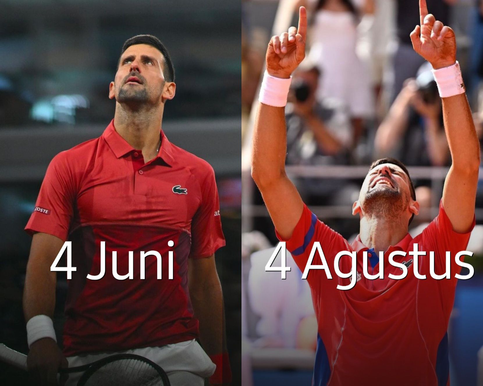 Novak Djokovic meraih emas Olimpiade di tempat yang sama saat dua bulan lalu, tepatnya pada Juni 2024, ia terpaksa harus mundur dari French Open 2024 karena cedera (@rollandgarros)