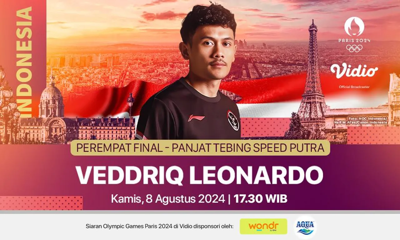 Jadwal pertandingan Veddriq Leonardo di babak perempat final Men's Speed Panjat Tebing Olimpiade Paris, Kamis 8 Agustus (Foto: Vidio)