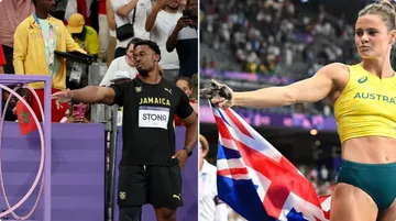 Nina Kennedy dan Roje Stona berpose ala Yusuf Dikec usai meraih medali emas Olimpiade Paris 2024/foto: Twitter Mynet.