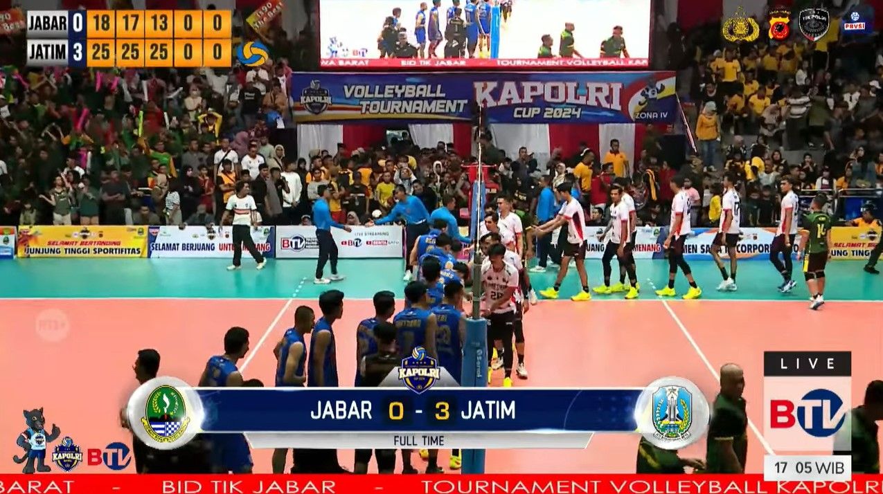 Tim voli putra Jatim menang 3-0 atas Jabar di Kapolri Cup 2024/foto: Youtube BTV.