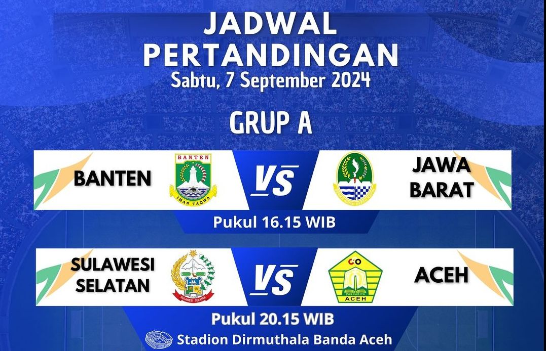 Jadwal Dua laga grup A sepakbola PON 2024 akan dilangsung dari Stadion Dirmuthala, Banda Aceh, Sabtu (7/9/2024) hari ini.