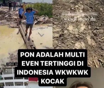 IG story Yolla Yuliana yang menunjukkan akses ke GOR voli PON 2024 penuh genangan dan lumpur.