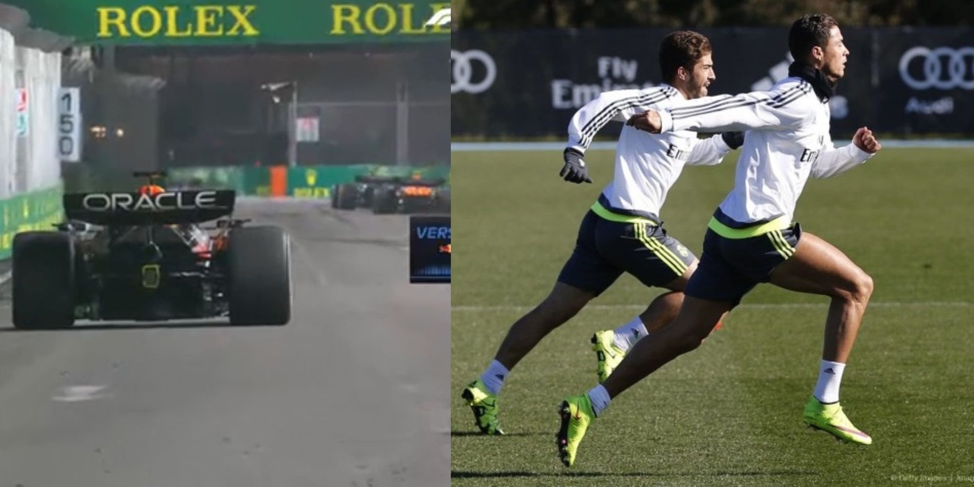 Ilustrasi balapan F1 dan latihan sepakbola (F1 dan Real Madrid)