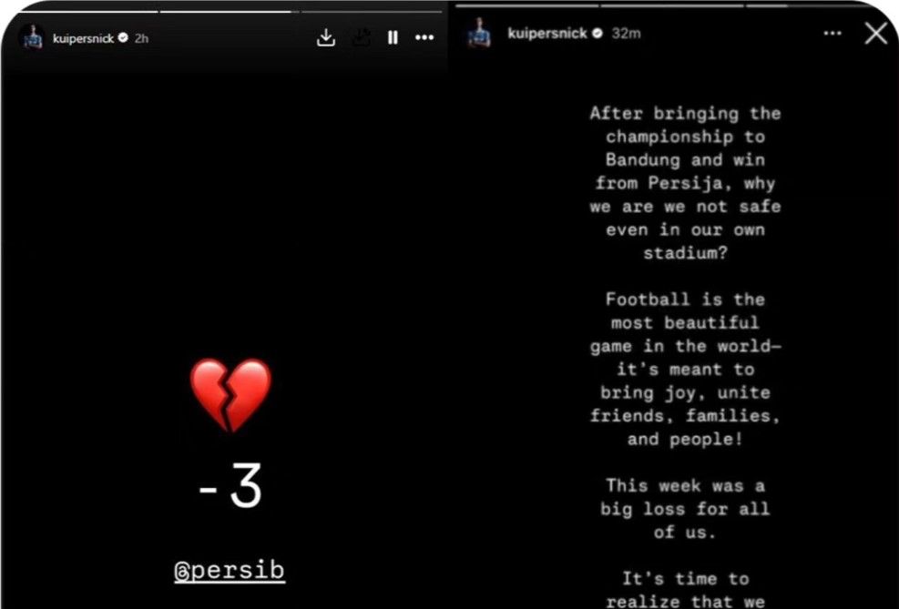 Nick Kuipers curhat soal insiden kericuhan usai laga Persib vs Persija di Stadion Si Jalak Harupat/foto: IG Story Nick Kuipers.