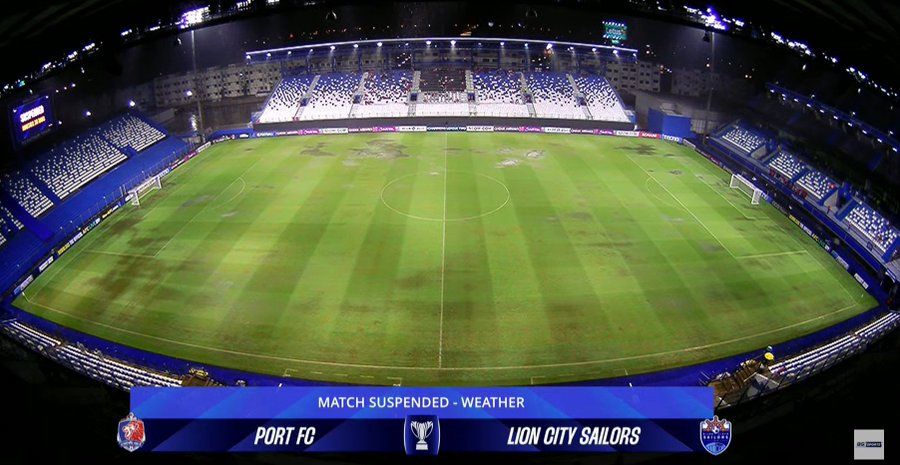 Laga Port FC vs Lion City ditunda akibat lapangan banjir usai diguyur hujan lebat/foto: Twitter @cmaseanfootball.