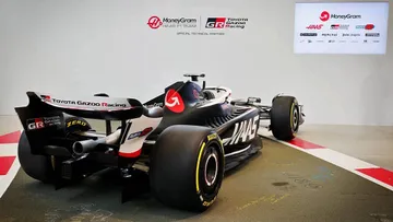 Mobil balap tim Haas yang sudah menyertakan sponsor Toyota (Haas F1 Team)