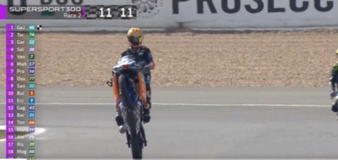 Aldi Satya Mahendra melakukan wheellie usai finis kelima dalam race 2 putaran 12 WorldSSP300 2024 di Sirkuit Jerez, 20 Oktober. Hasil tersebut sudah cukup bagi Aldi untuk memastikan diri jadi juara dunia WorldSSP300 2024.