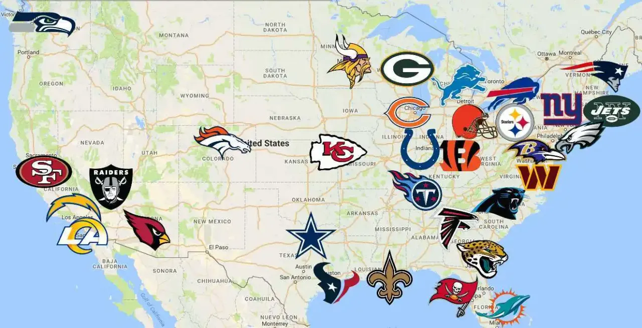 Persebaran tim-tim NFL di Amerika Serikat (Sport League Maps)