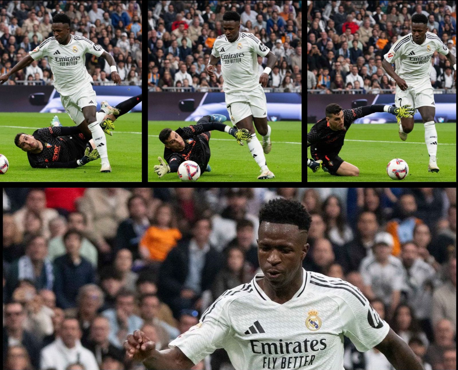 Vinicius Jr saat pertandingan Real Madrid vs Osasuna berlangsung di Stadion Santiago Bernabeu, Spanyol, Sabtu (9/11/2024). Foto: @laliga