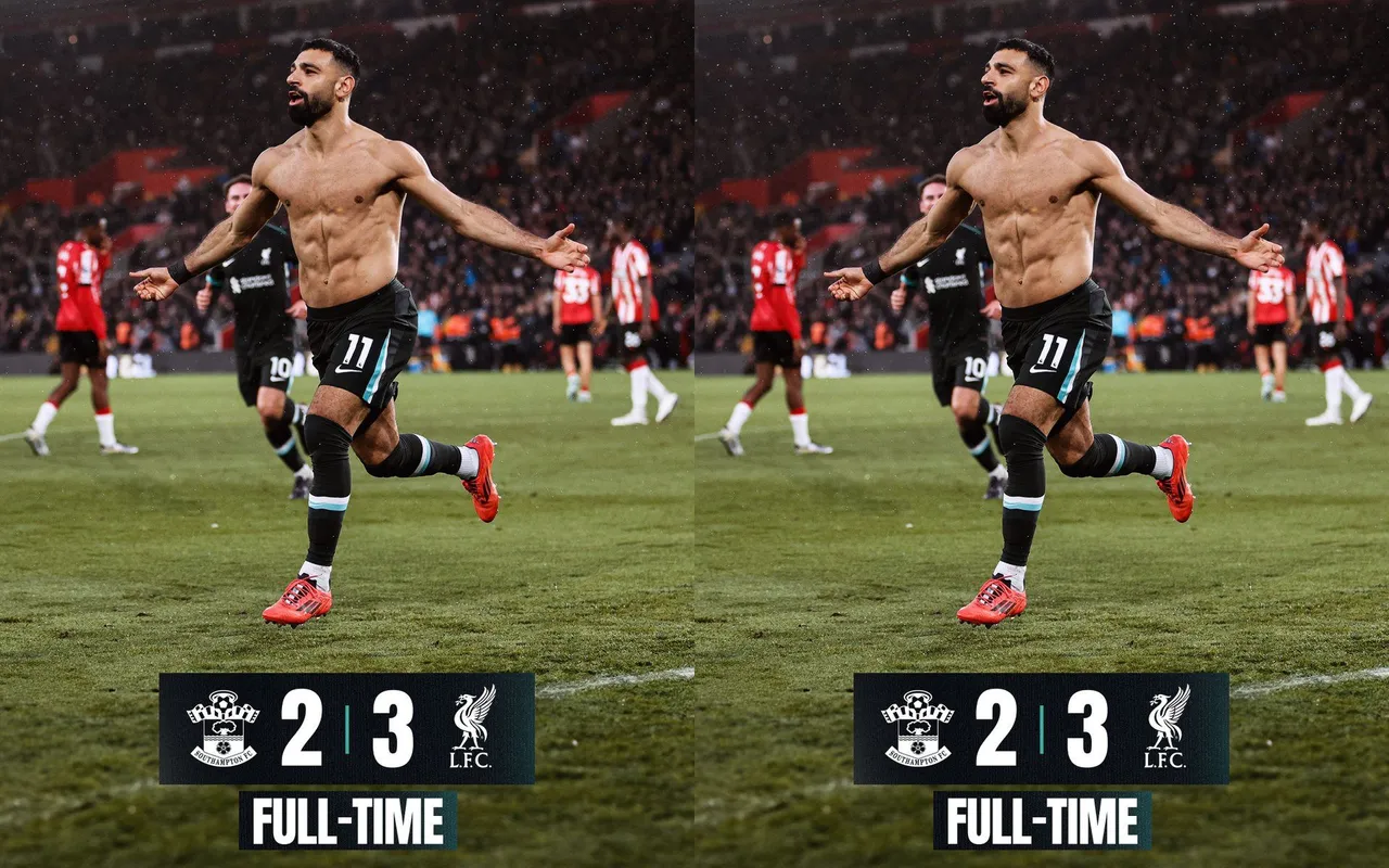Mohamed Salah selebrasi lepas jersey saat cetak gol kemenangan Liverpool/foto: X/LFC.