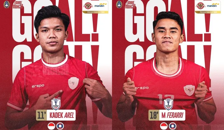 Kadek Arel dan Muhammad Ferarri mencetak gol pada laga Indonesia vs Laos di Piala AFF 2024/foto: X/Timnas Indonesia.