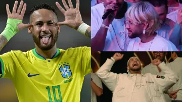 Gambar di sisi kanan atas: Neymar tertangkap kamera tampil dengan gaya rambut blonde. Namun, ia diyakini hanya mengenakkan wig (Kolase by Goal)