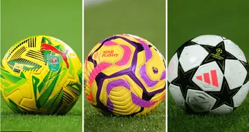 Tiga jenis bola yang dari tiga apparel berbeda yang dipakai di 3 ajang kompetisi musim ini (Getty Images by BBC)