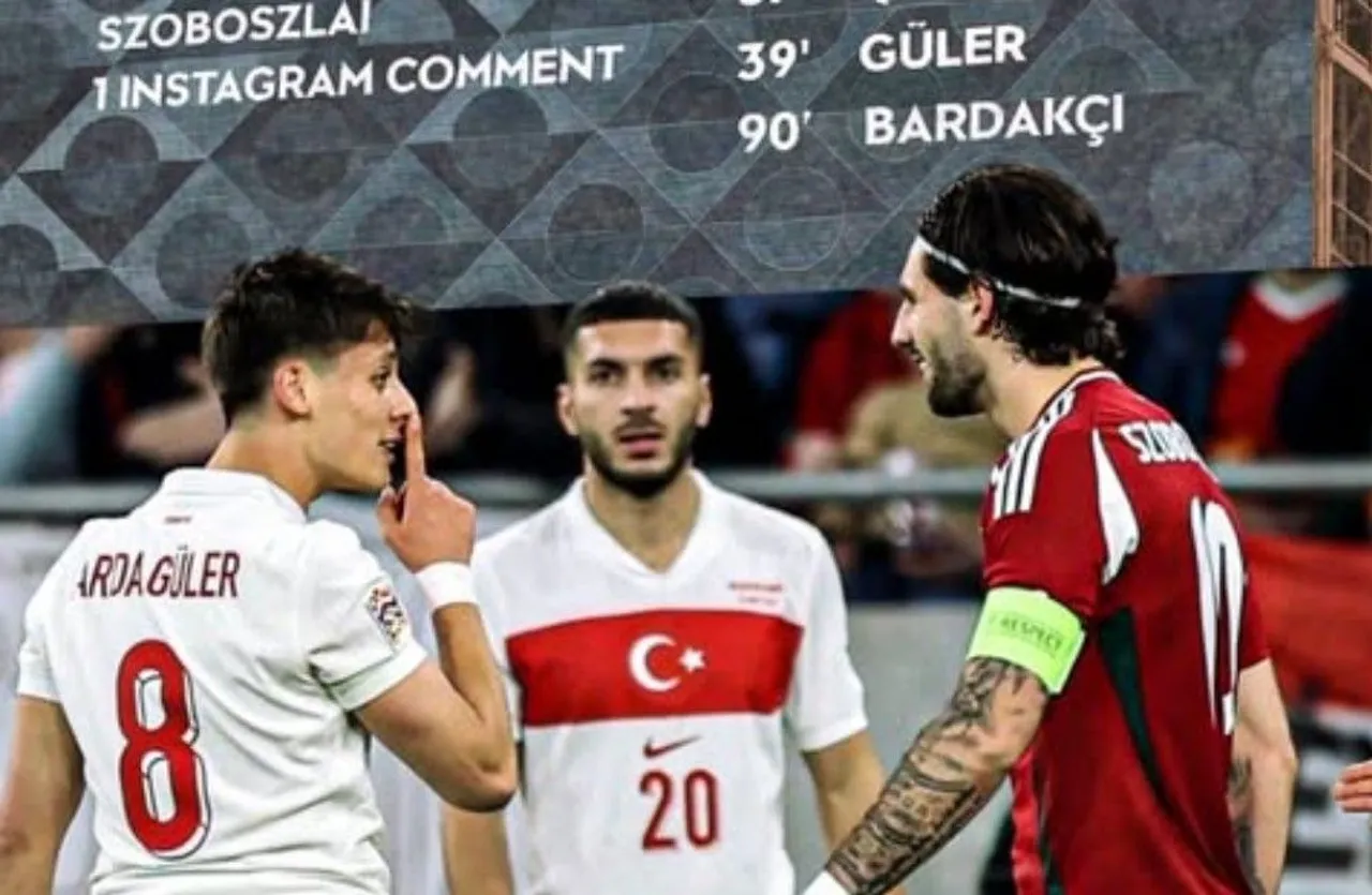 Arda Guler berseteru dengan Dominik Szoboszlai di laga Hungaria vs Turki/foto: IG Arda Guler.