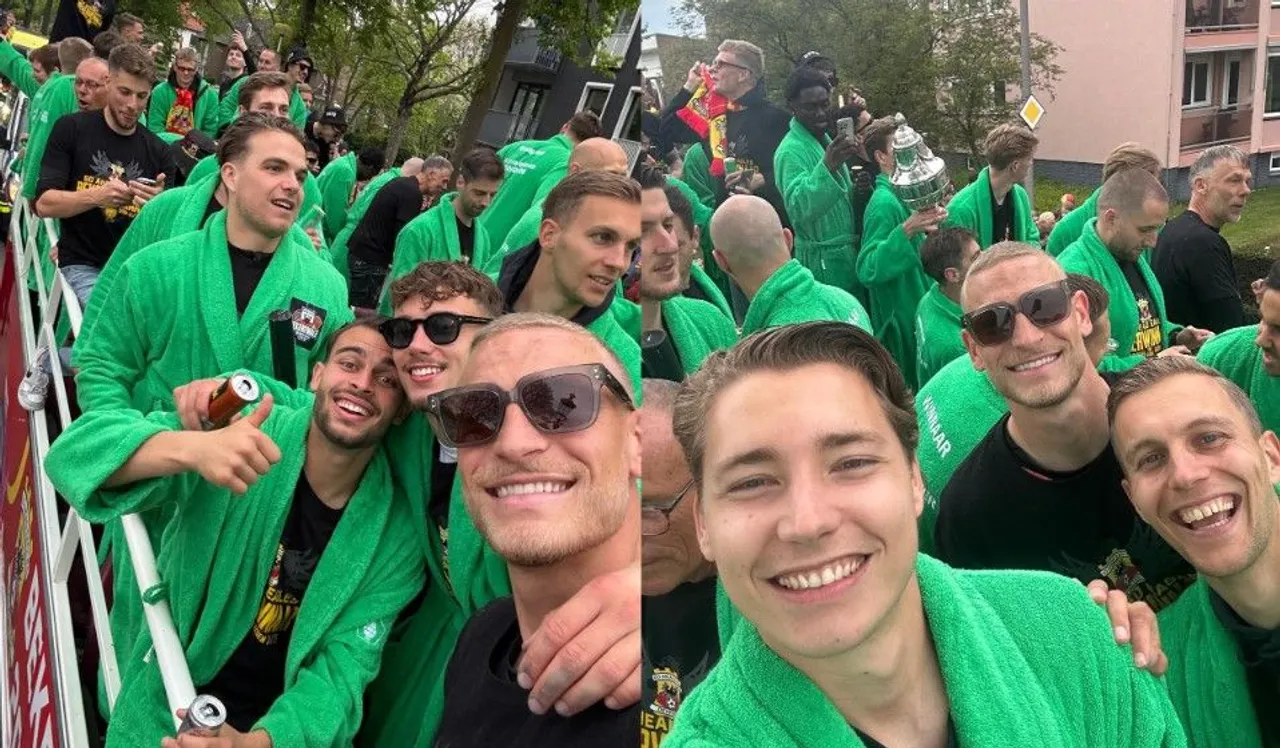 Para pemain Go Ahead Eagles mengenakan handuk kimono saat parade juara KNVB Beker 2024/2025/foto: Ofisial X GA Eagles