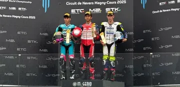 Pembalap binaan Astra Honda Motor M Kiandra Ramadhipa berhasil podium perrama di FIM JuniorGP World Championship di sirkuit Magny-Cours, Prancis 6 Juli 2025. (AHM)