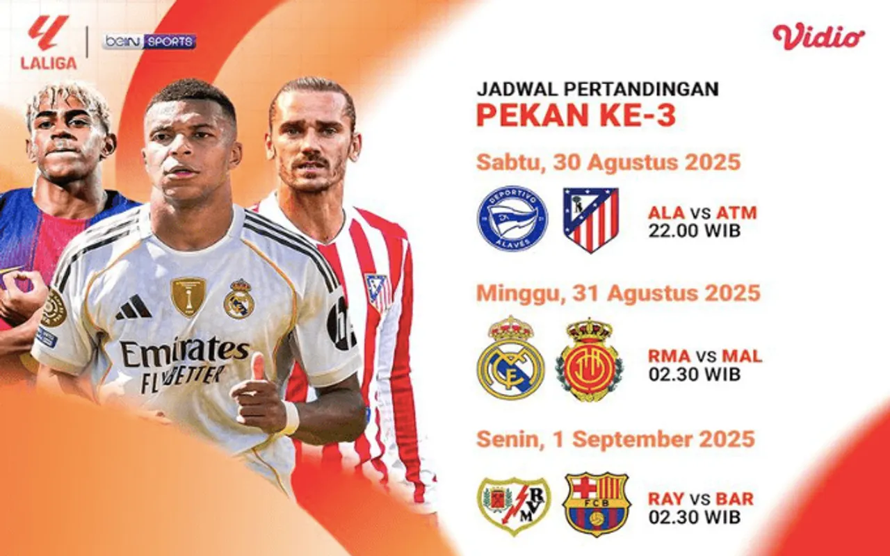 Jadwal pertandingan jornada ketiga La Liga 2025/2026. (Vidio.com)