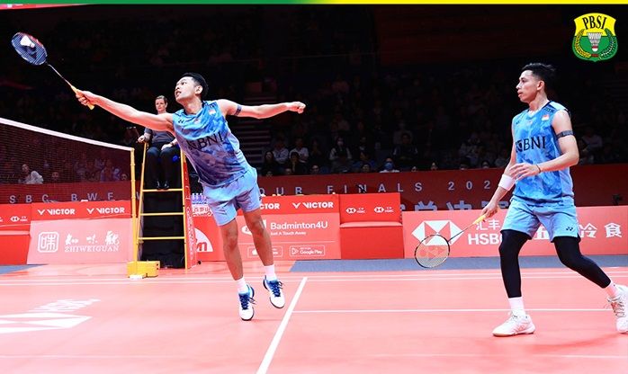 Fajar Alfian dan Muhammad Rian Ardianto saat kalah di laga terakhir penyisihan BWF World Tour Finals, 15 Desember 2023.