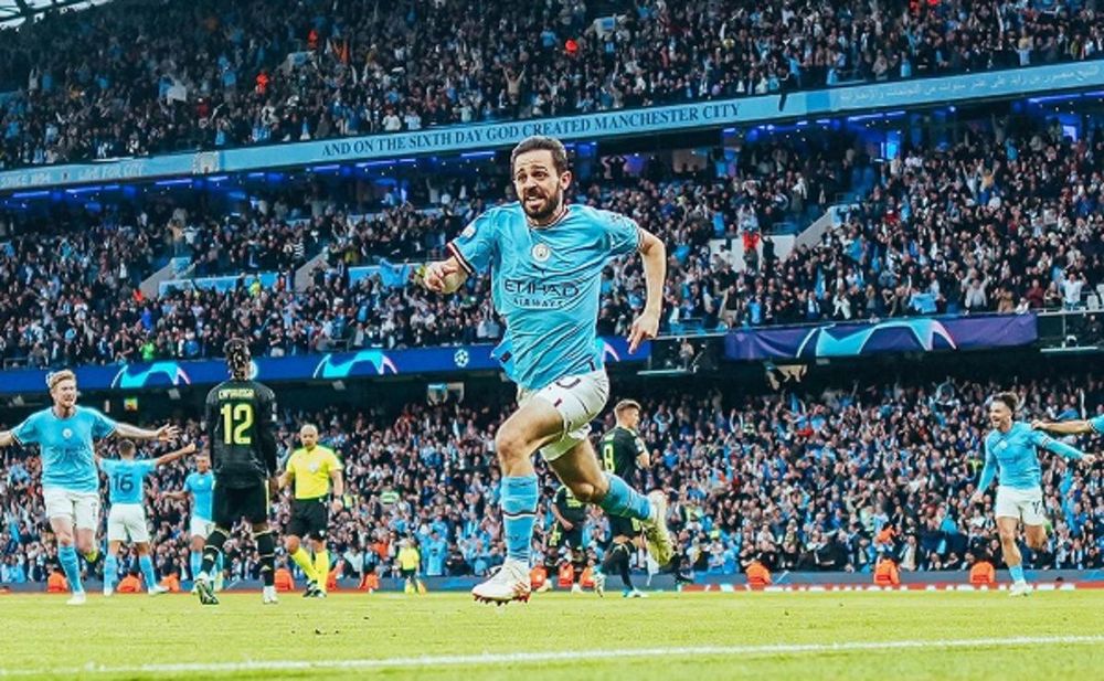 Bernardo Silva merayakan golnya dalam laga semifinal leg kedua yang mempertemukan Man City vs Real Madrid di Stadion Etihad, Rabu (17/5/2023) atau Kamis dinihari WIB