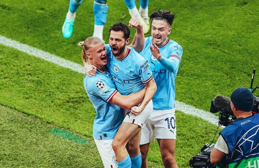 Bernardo Silva cs merayakan gol dalam laga semifinal Liga Champions leg kedua yang mempertemukan Man City vs Real Madrid di Stadion Etihad, Rabu (17/5/2023) atau Kamis dinihari WIB