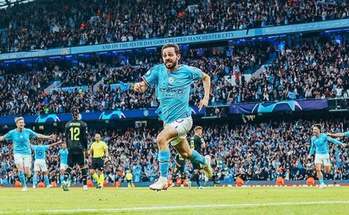 Bernardo Silva merayakan golnya dalam laga semifinal leg kedua yang mempertemukan Man City vs Real Madrid di Stadion Etihad, Rabu (17/5/2023) atau Kamis dinihari WIB