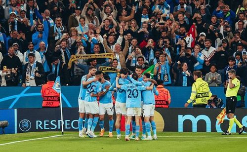 Para pemain Man City merayakan kemenangan atas Real Madrid pada semifinal Liga Champions leg kedua, Rabu (17/5/2023) atau Kamis dinihari WIB