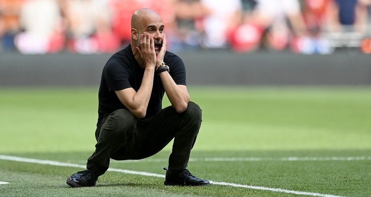 Pep Guardiola saat final FA Cup yang mempertemukan Man City vs Man United di Wembley, Sabtu (3/6/2023)