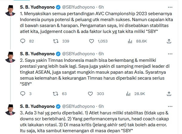 Saat SBY Gregetan dengan Capaian Tim Voli Putra Indonesia di AVC Championship 2023