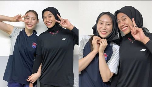 Bae Yoona saat berjumpan dengan Megawati Hangestri saat laga Red Spakrs vs Expressway Hi Pass