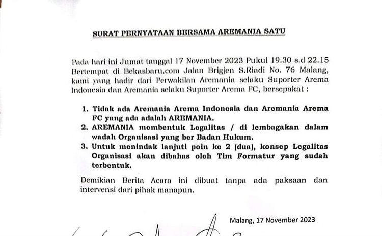 Surat Pernyataan Bersama Aremania Satu