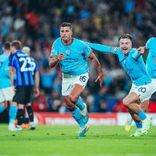 Rodri - Rodri merayakan gol yang dicetaknya ke gawang Inter dalam final Liga Champions yang berlangsung di Stadion Olimpiade Attaturk, Istanbul, Turki, Sabtu (10/6/2023).