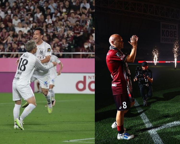 (Kiri) gol Supachok Sarachat di laga Vissel Kobe vs Consadole Sapporo. (Kanan) pesta perpisahan Andres Iniesta.